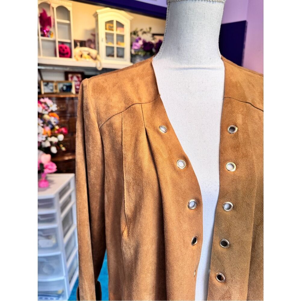 Chico's Tan Faux Suede Grommet Trim Open Drape Cardigan - Picture 2 of 7